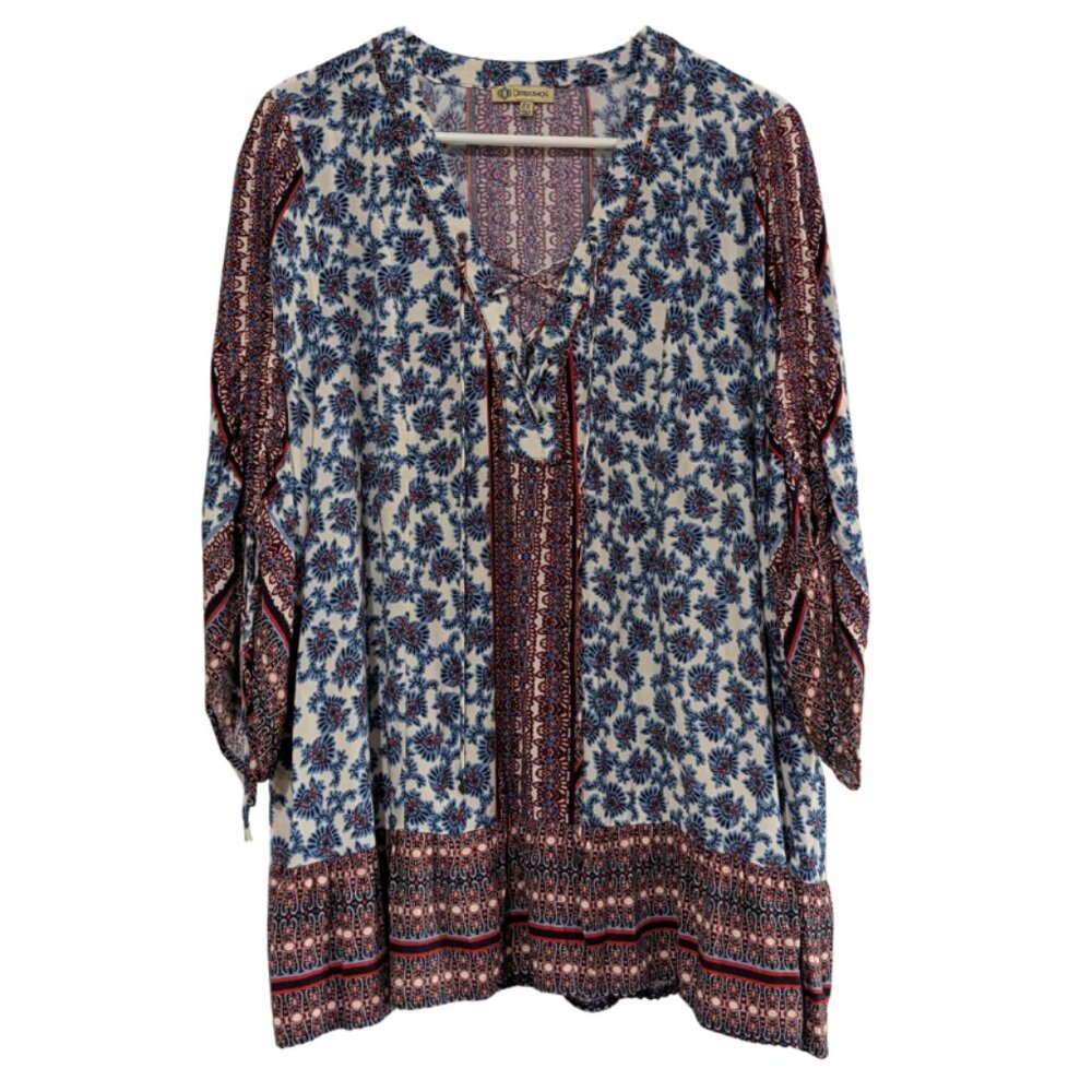 Democracy Women's Peasant Prairie Loose Fit Blouse, Blue Red, Plus Size 2X, Boho